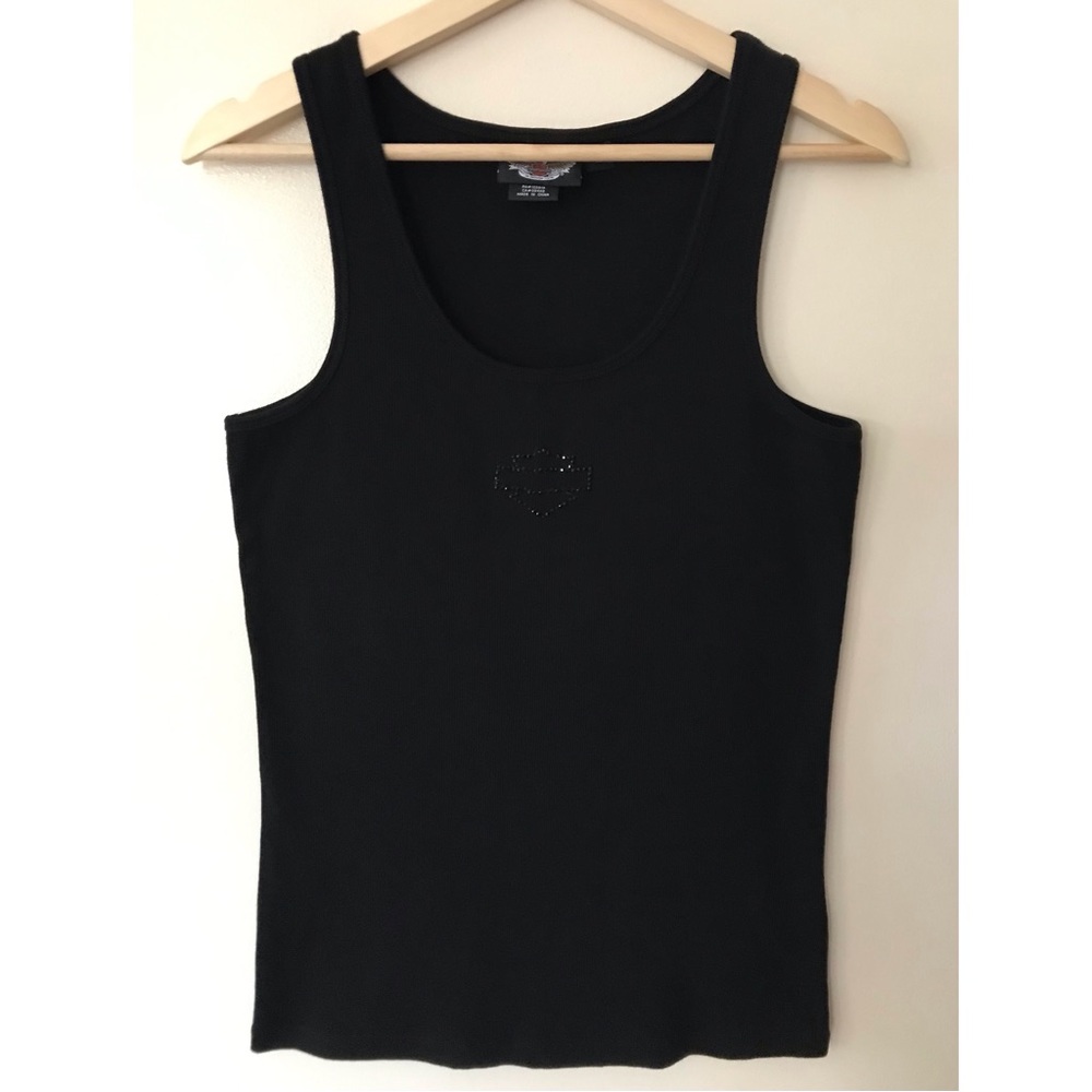 Harley Davidson • XL • Ribbed Solid Black Tank Top Rhinestone Logo Scoop Neck